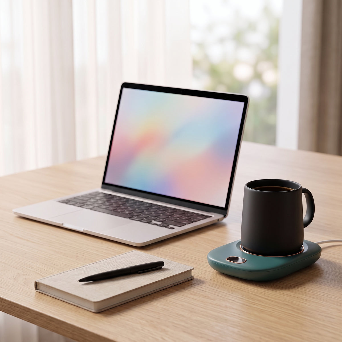 Green mug warmer keeping coffee warm next to a laptop, notebook and pen on a home office desk