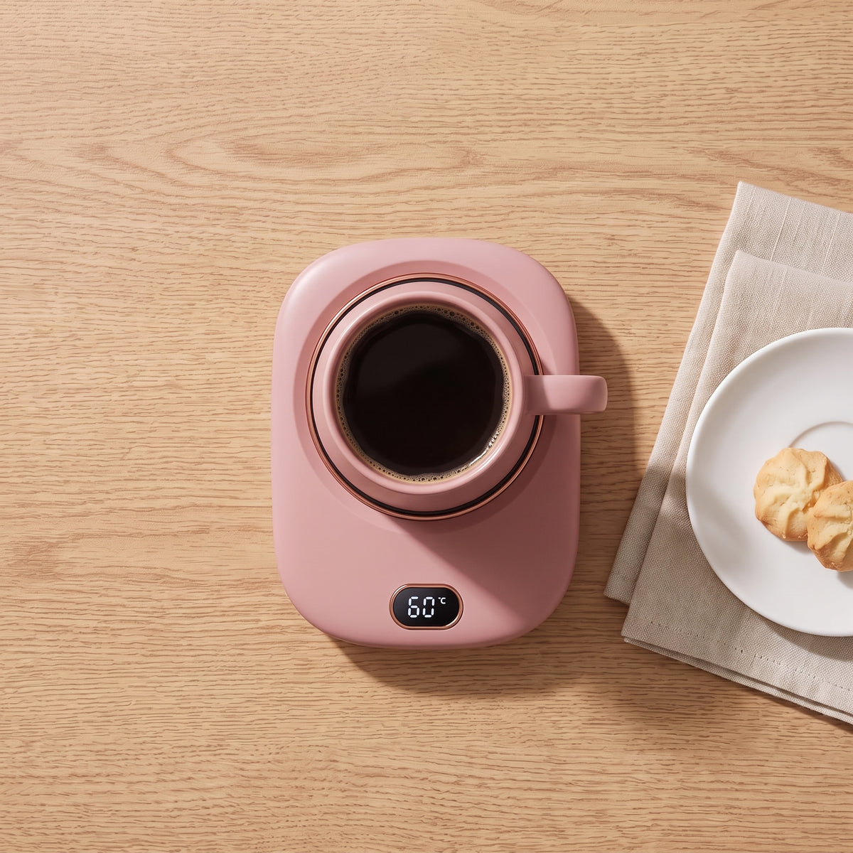 Top view of pink mug warmer with coffee, biscuits and a linen napkin on a wooden table