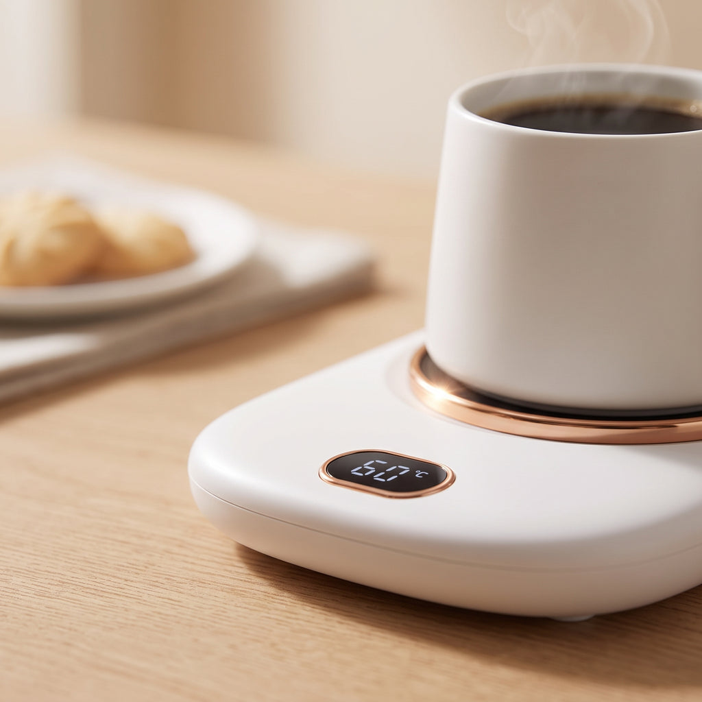 Close-up of white mug warmer digital temperature display with steaming coffee