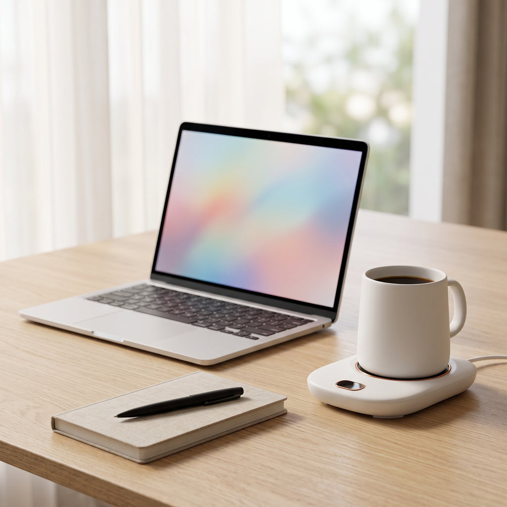 White mug warmer keeping coffee warm next to a laptop, notebook and pen on a home office desk