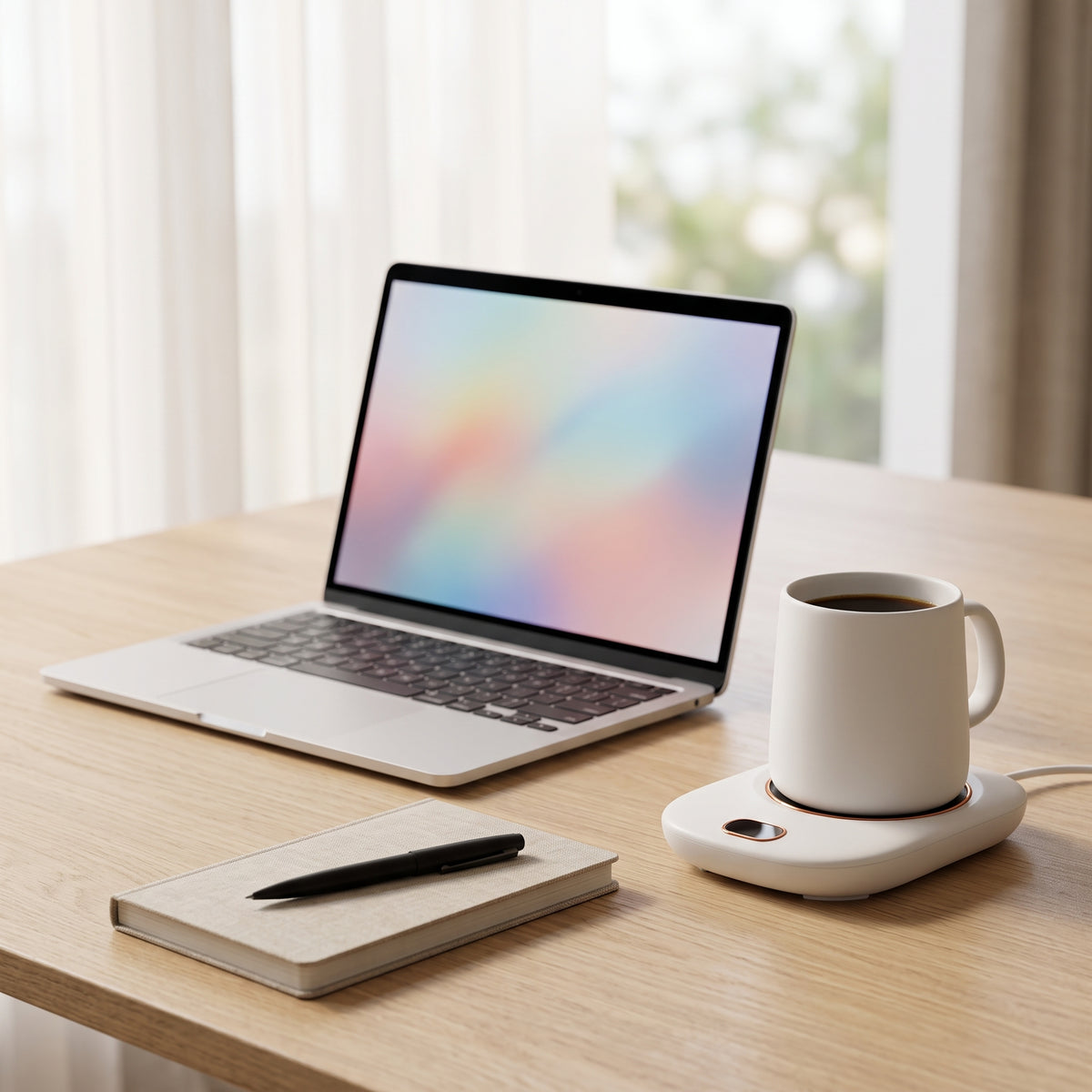 White mug warmer keeping coffee warm next to a laptop, notebook and pen on a home office desk