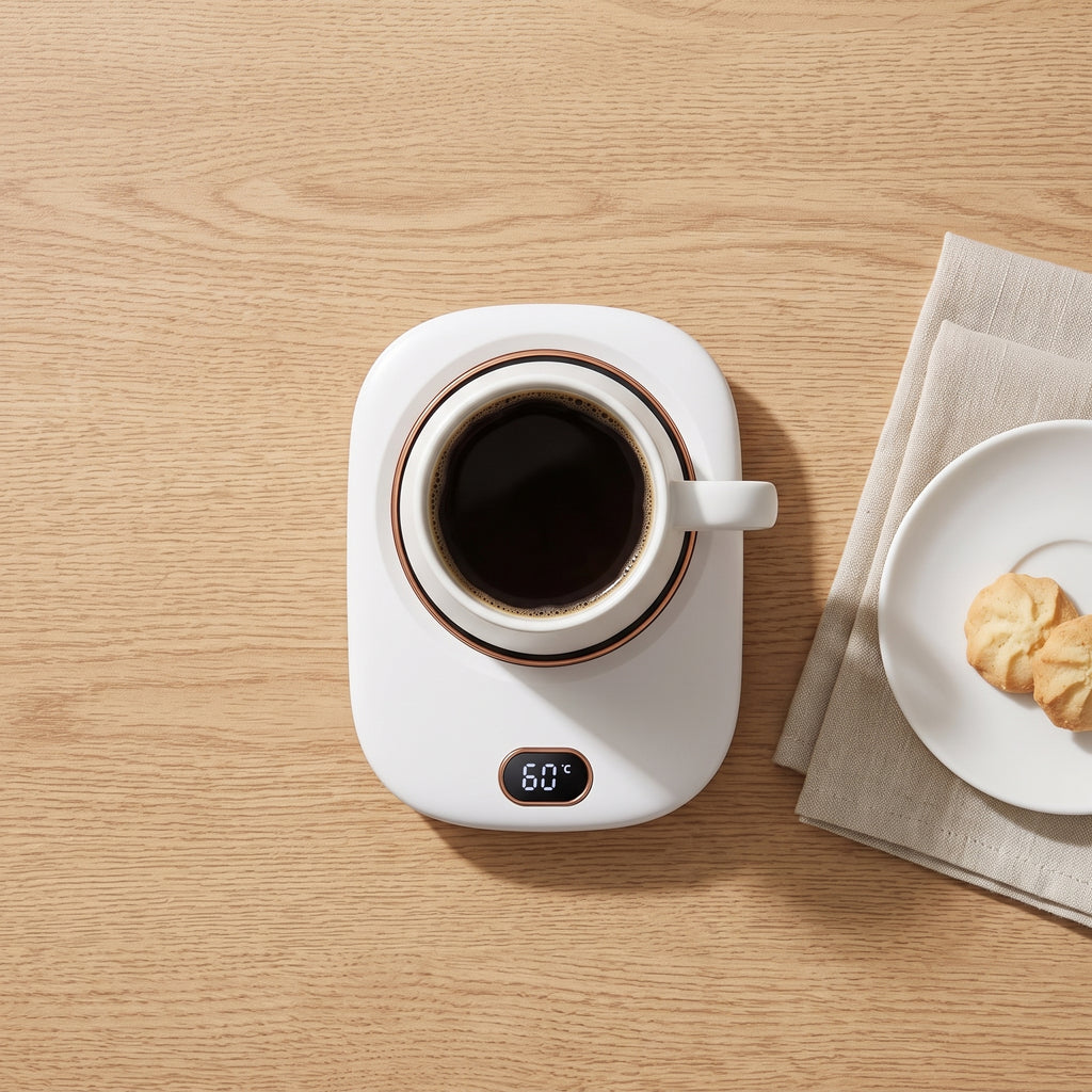 Top view of white mug warmer with coffee, biscuits and a linen napkin on a wooden table