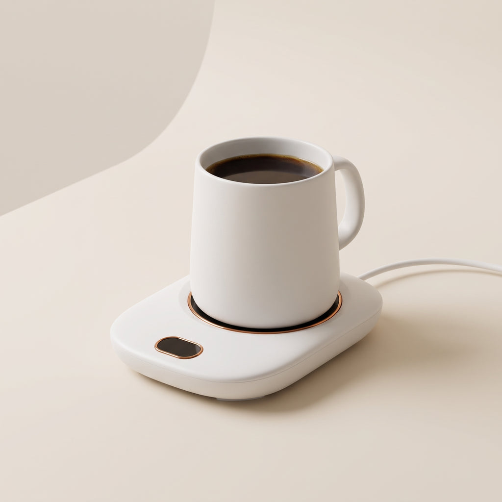 White Warm Regards mug warmer with a white coffee mug on a clean cream background