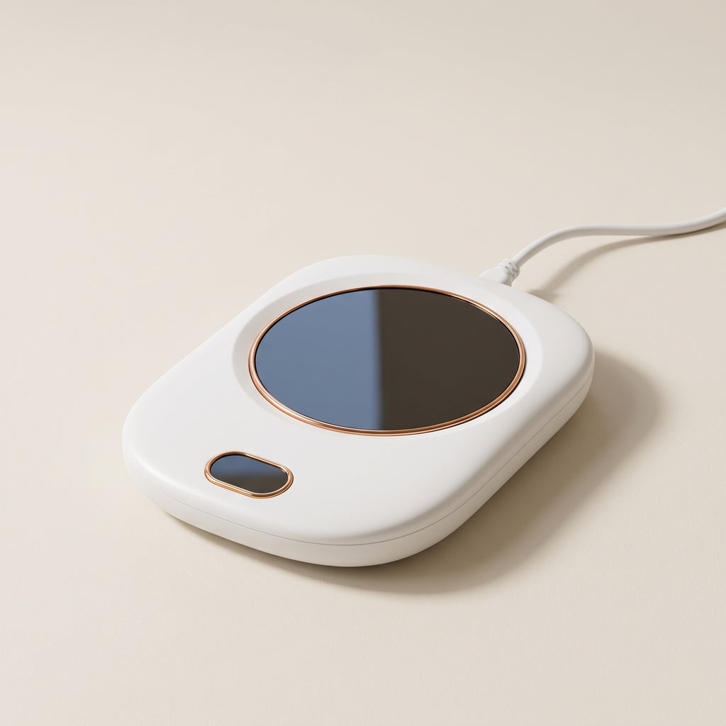 White Warm Regards mug warmer with copper ring and digital display